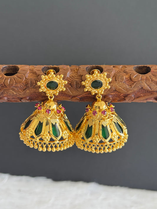 Gold tone pink-green Nagapadam Kerala style 8 petal jhumkka dj-40301