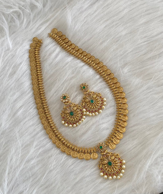Antique gold tone kemp-green-white peacock pearl lakshmi coin haar set dj-54562