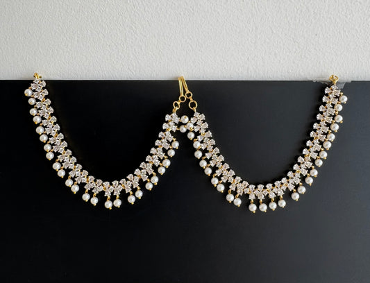Two tone cz white stone pearl ear side chain dj-51359