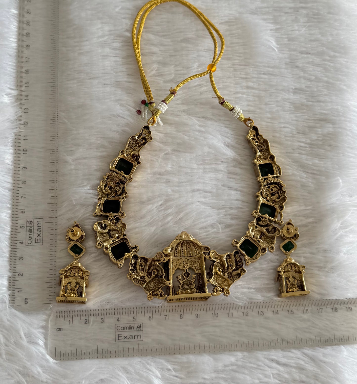 Matte finish green-white lakshmi peacock nakshi necklace set dj-52146