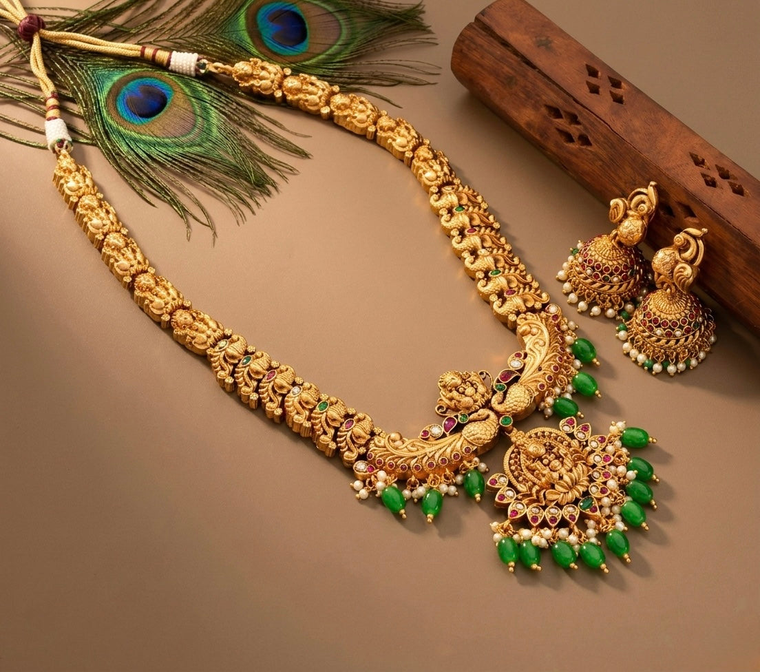 Matte finish kemp-green lakshmi-peacock haar set dj-34285