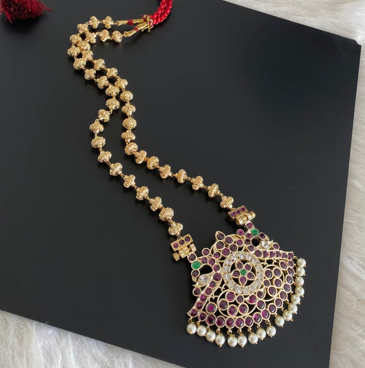 Gold tone precious kemp-green-white peacock flower nakshi beaded haar dj-54731