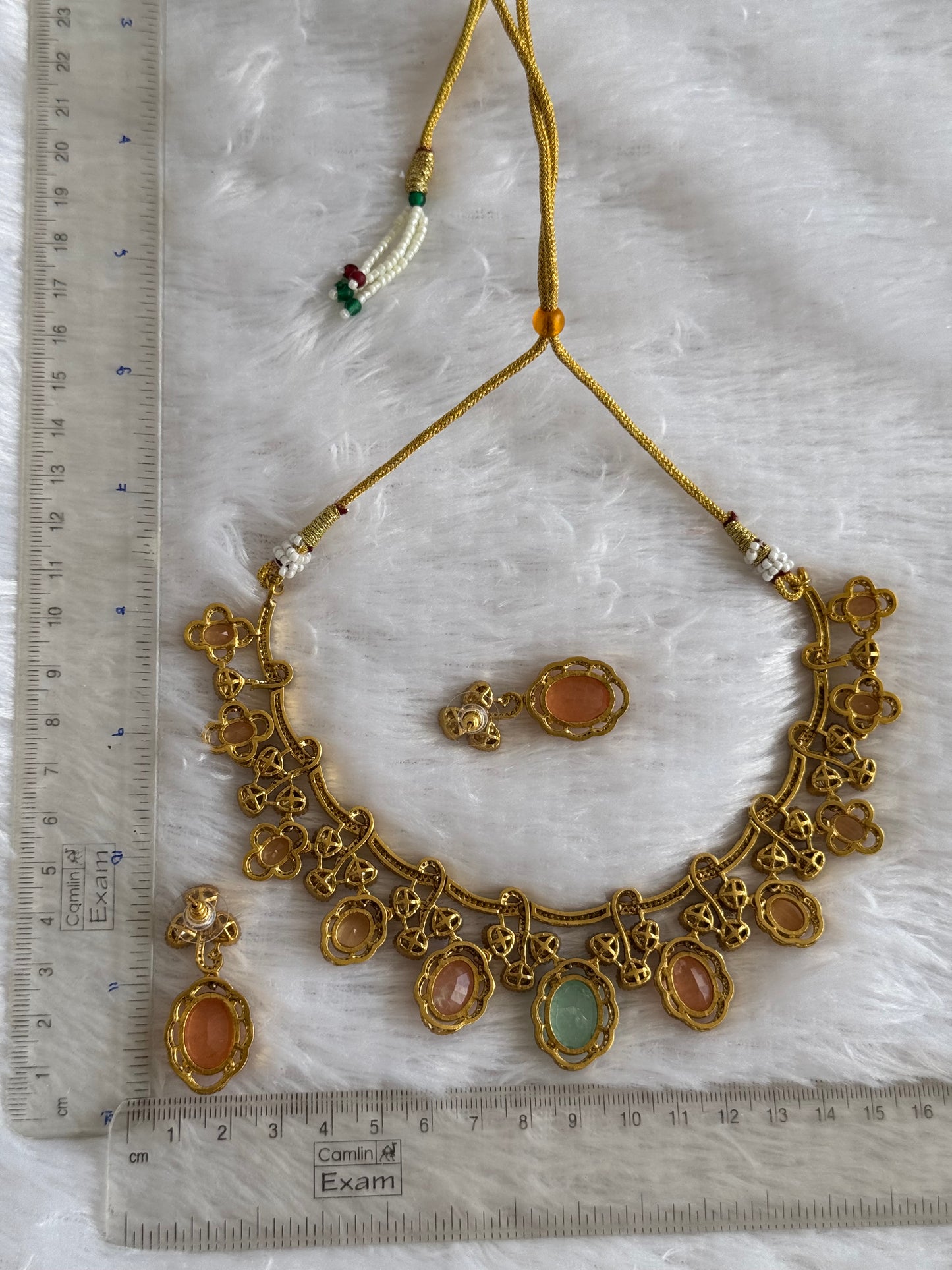 Antique gold tone cz sea green-peach moissanite necklace set dj-51073