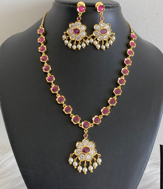 Gold tone pink-white stone pearl necklace set dj-54237