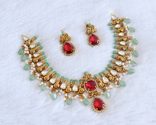 Antique gold tone maroon stone peacock necklace set dj-53015