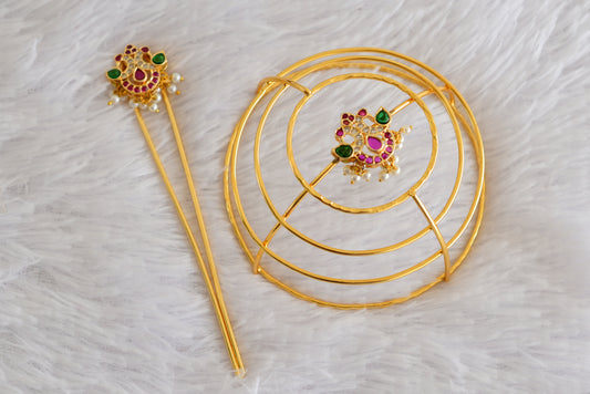 Gold tone kemp-green bun cage-hair accessory with stick Dj-52331