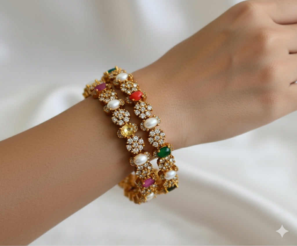 Matte finish cz navarathna oval stone flower bangles(2.4) dj-50923