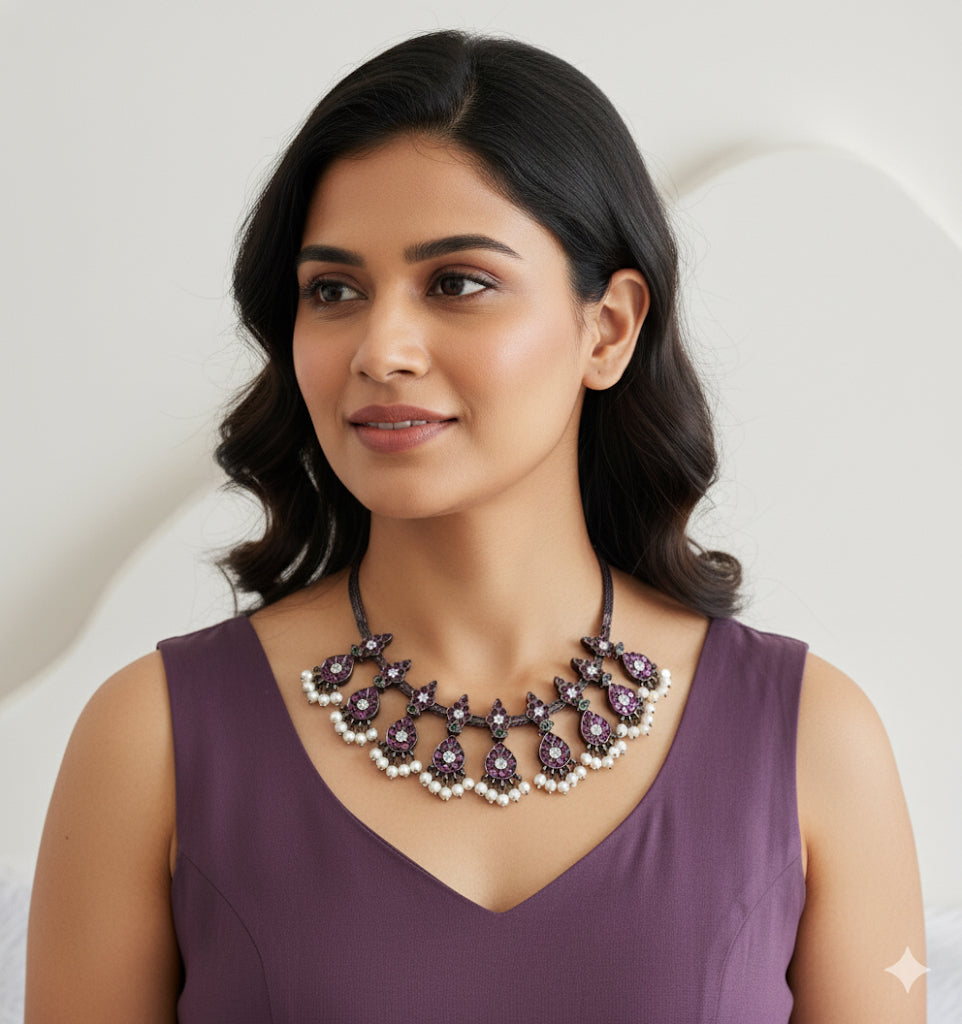 Black finish precious kemp-green pearl flower necklace dj-52282