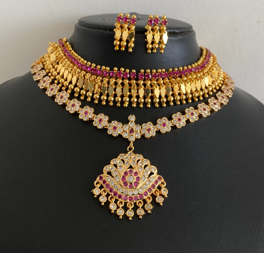 Gold tone pink-white stone combo necklace set dj-54355