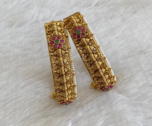 Antique gold tone pink-green pearl screw type bangles(2.8) dj-53498