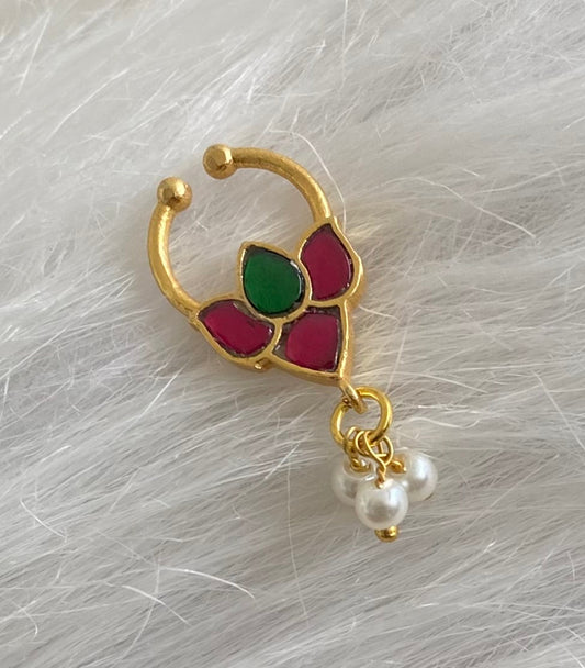 Gold tone kundan jadau pink-green stone lotus pearl nose pin/bulakku dj-53791