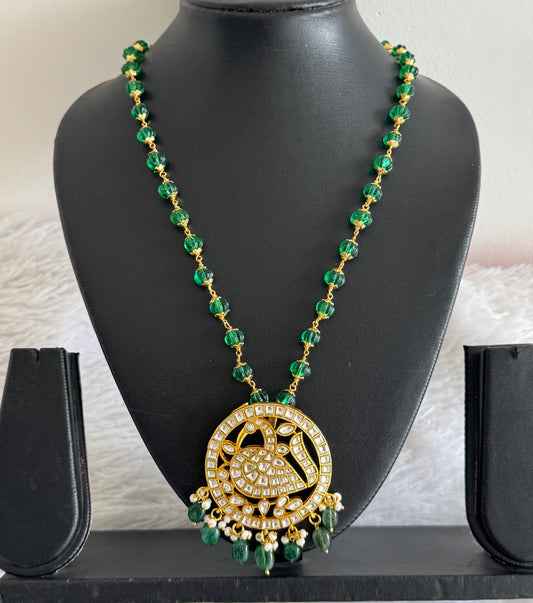 Gold tone white kundan jadau pumpkin green peacock beaded necklace dj-51535