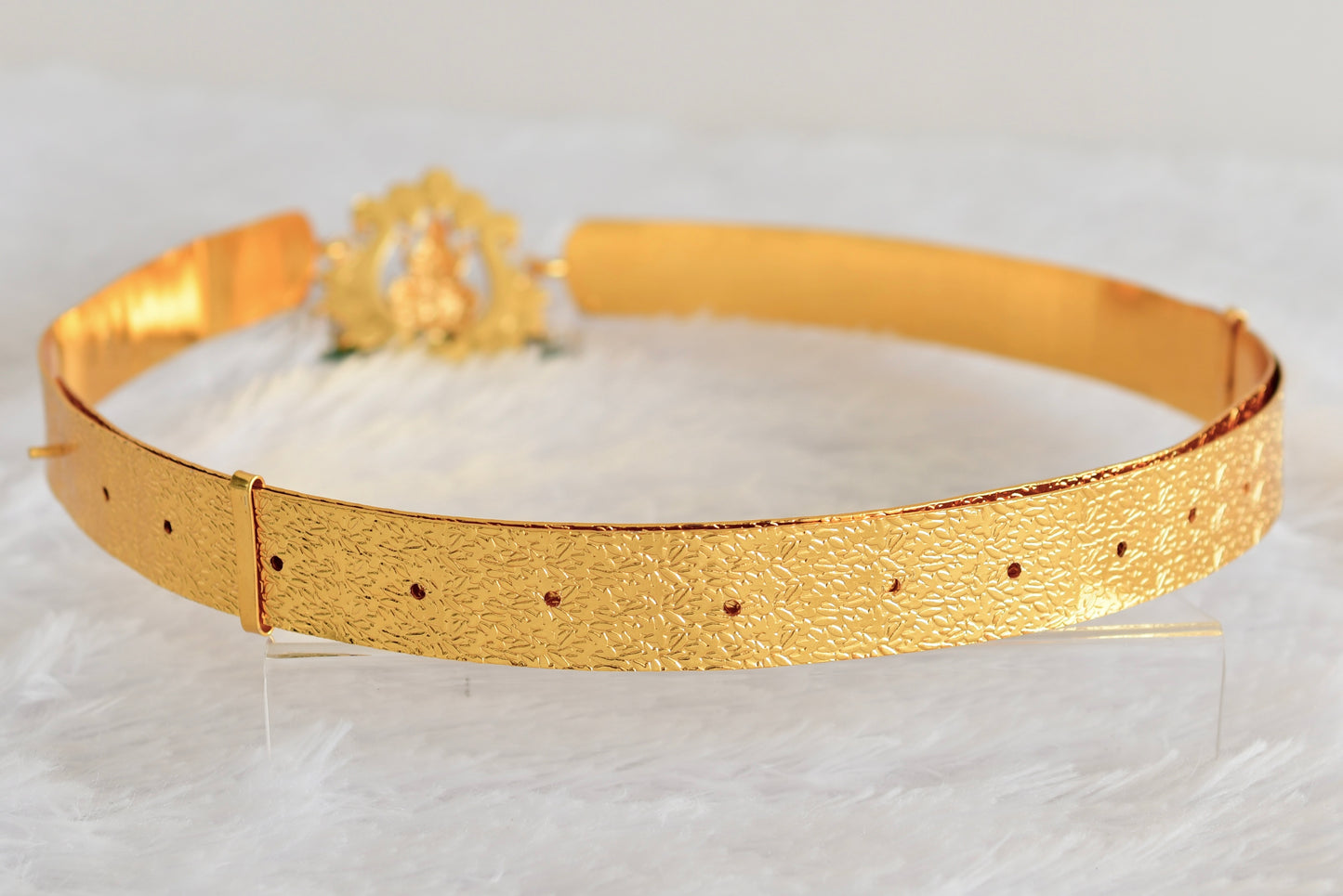 Gold tone pink-green-white kundan jadau Lakshmi mango waist band dj-52175