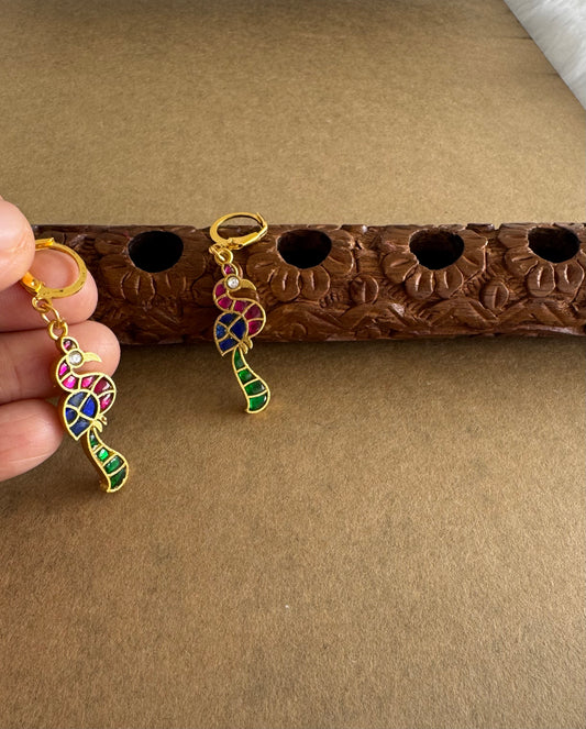 Gold tone multicolor kundan jadau peacock hook earrings dj-51528