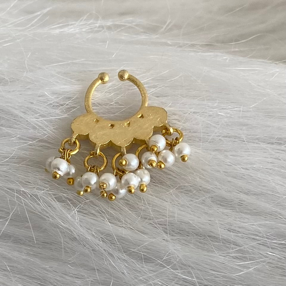 Gold tone kundan jadau pink-green stone pearl nose pin/bulakku dj-53789