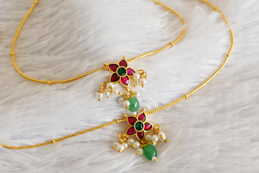 Gold tone pink-green flower kundan jadau anklets dj-52393