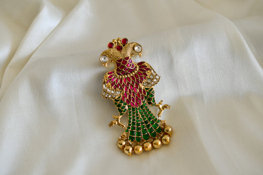 Antique gold tone pink-green kundan jadau Gandaberunda pendant dj-52598