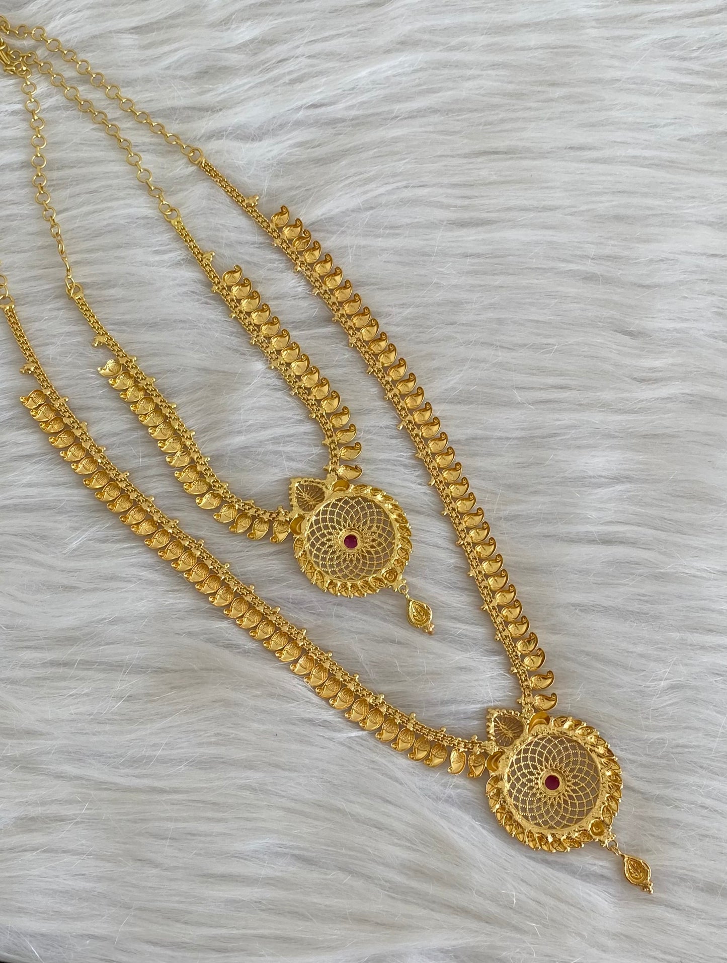 Gold tone ruby stone mango flower combo set dj-54291