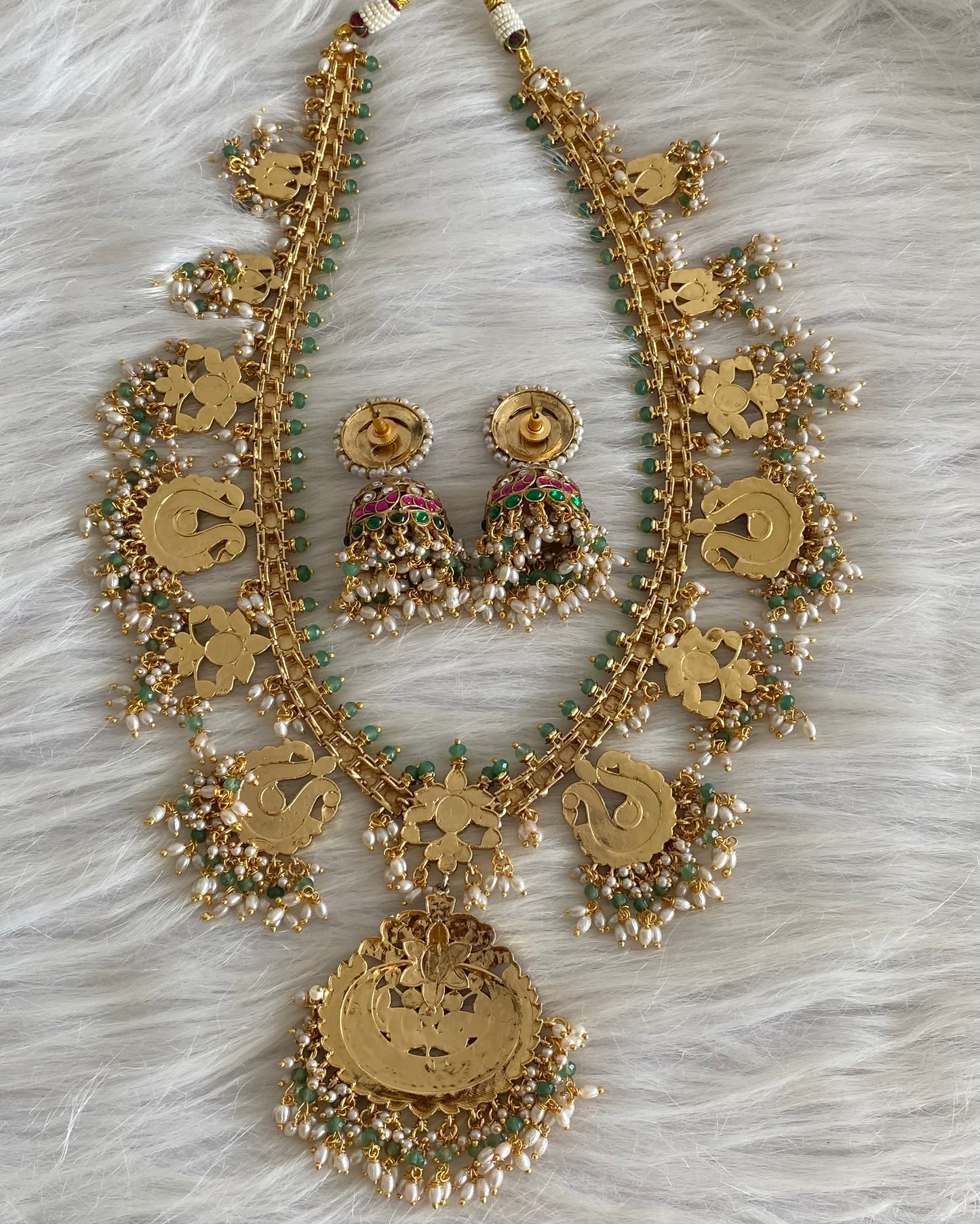 Antique gold tone peacock green beaded kundan jadau rice pearl haar set dj-54155