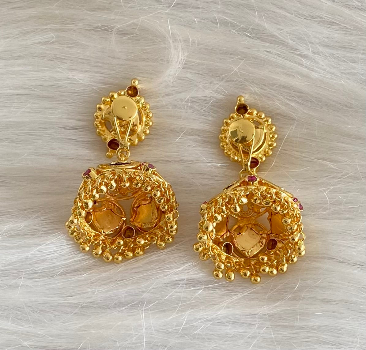 Gold tone kerala style pink-green 5 petals of palakka jhumkka dj-54304