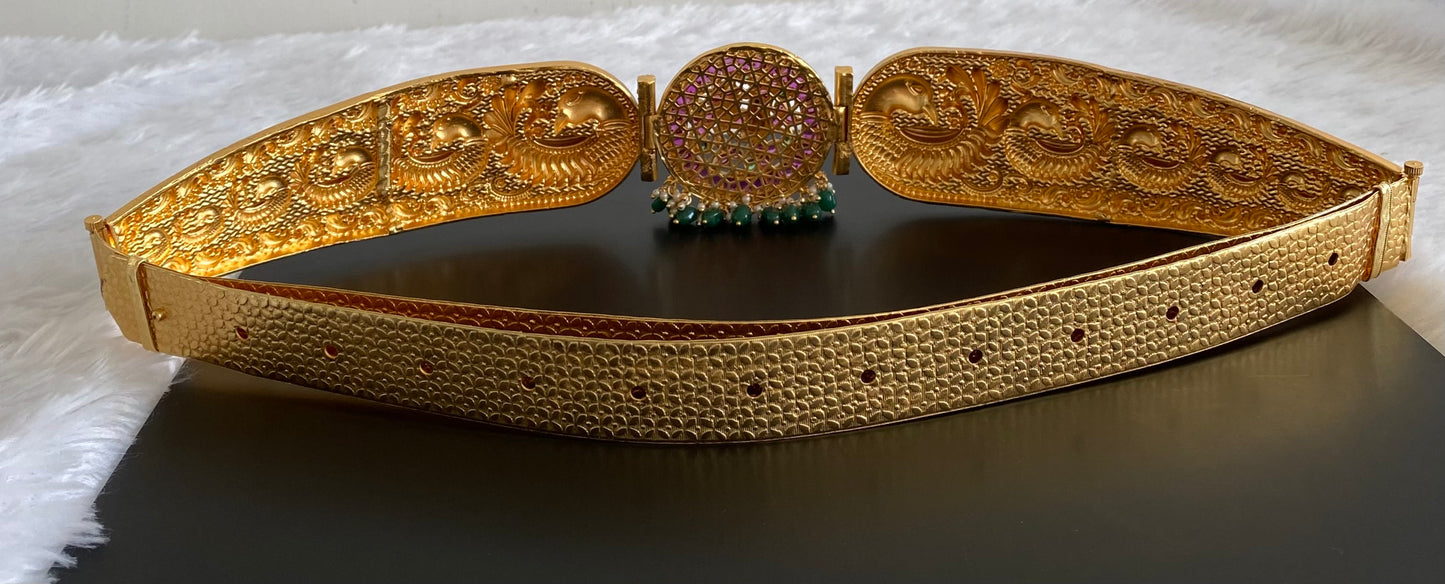 Matte finish pink-green kundan jadau Peacock waist band dj-53525