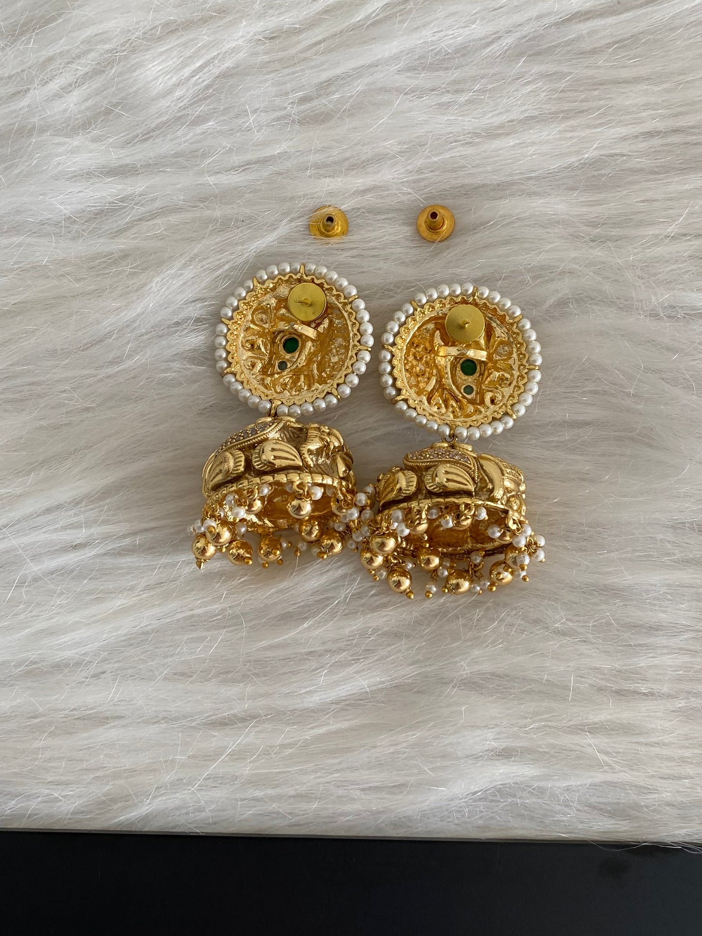Antique gold tone cz green pearl round big nakshi jhumkka dj-54664