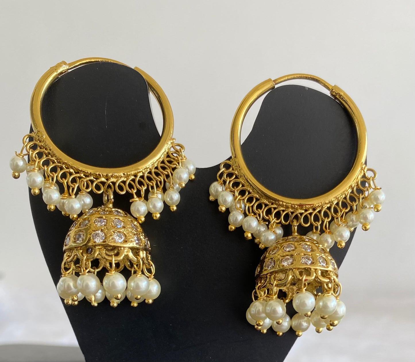 Antique gold tone pearl hoop jhumkka dj-52936