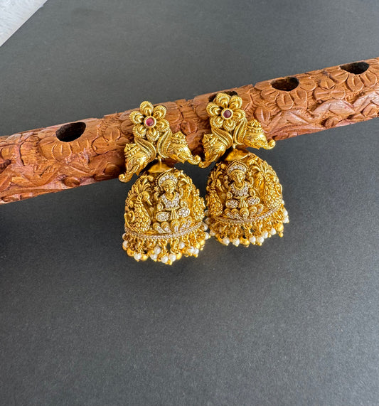 Antique gold tone cz Nakshi big lakshmi elephant jhumkka dj-51467