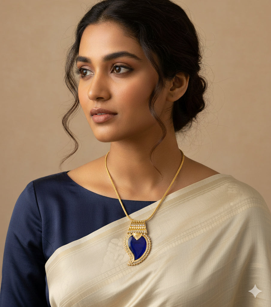 Gold tone blue-white kerala style mango kodi necklace dj-51695
