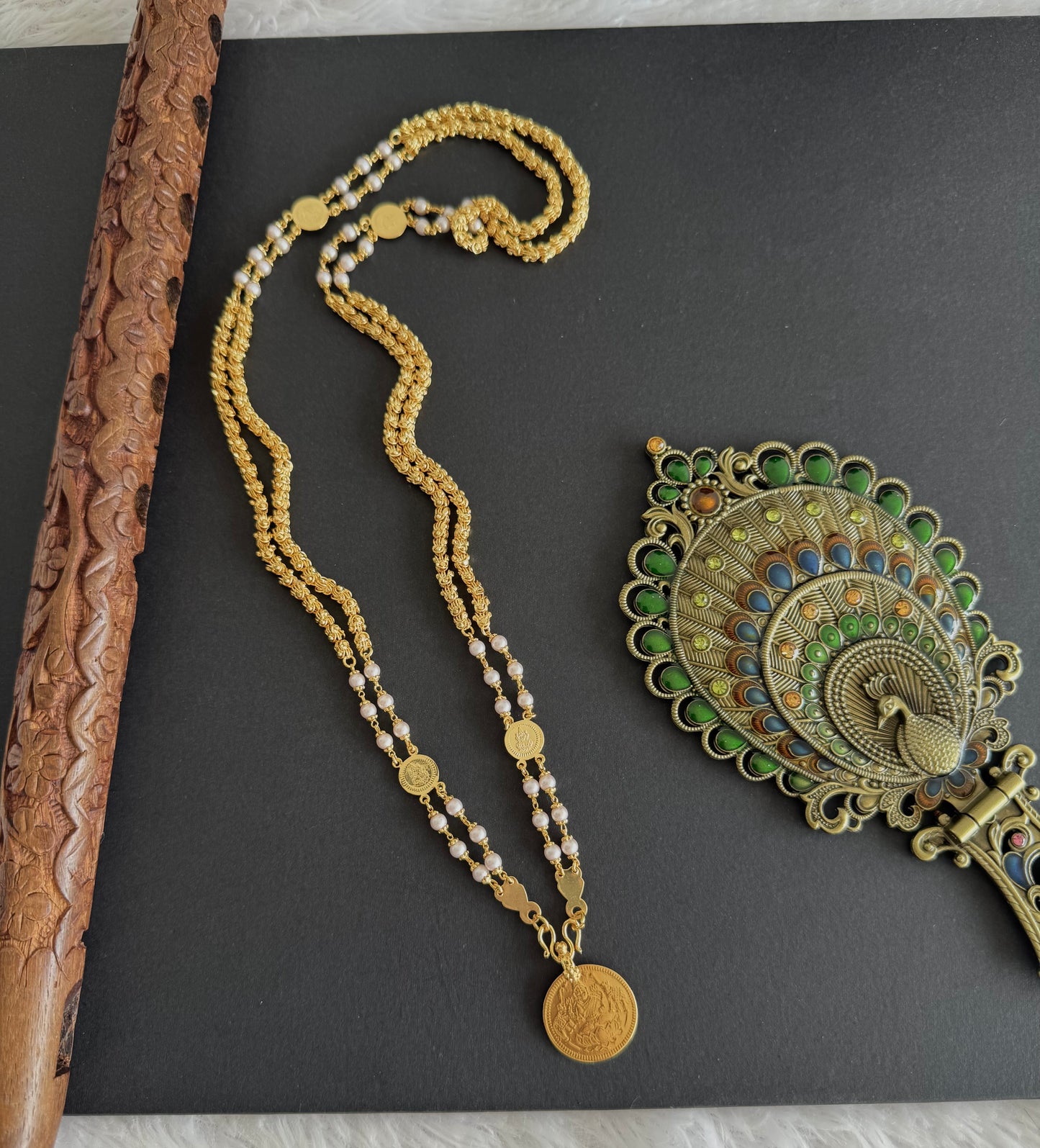 Gold tone 24 inches double layer pearl lakshmi coin chain dj-45528