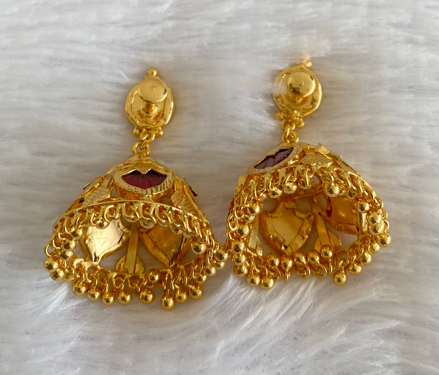 Gold tone kerala style red 5 petals of palakka jhumkka dj-53132