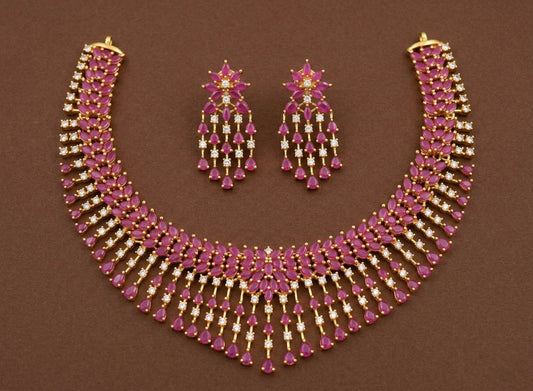 Gold tone cz ruby bridal necklace set dj-07959