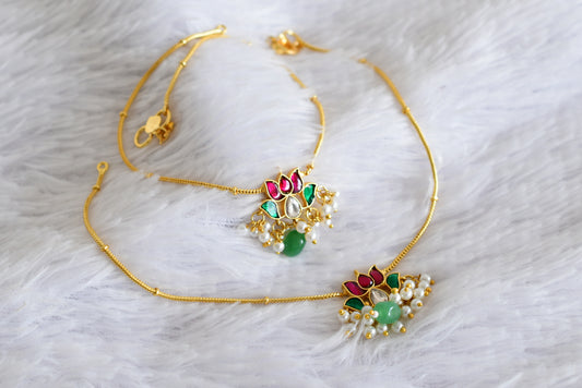 Gold tone pink-green-white lotus kundan jadau anklets dj-52398