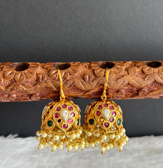 Matte finish kemp-green-white kundan pearl cluster hook jhumkka dj-51480