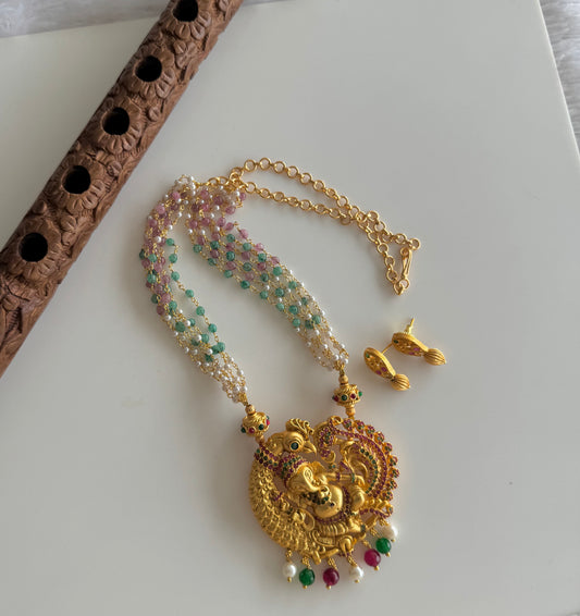 Bright Matte finish ruby-emerald Ganesha-peacock pendant pearl necklace set dj-51431
