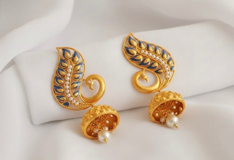 Matte finish blue meenakari peacock jhumkka -dj07695