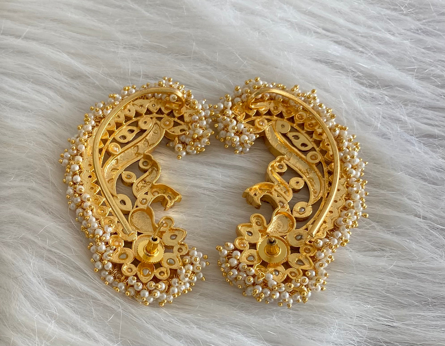 Gold tone pink-green-white kundan jadau big peacock khanpool earrings dj-54568