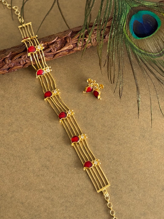 Gold tone kerala style red-white mango choker necklace set dj-51725