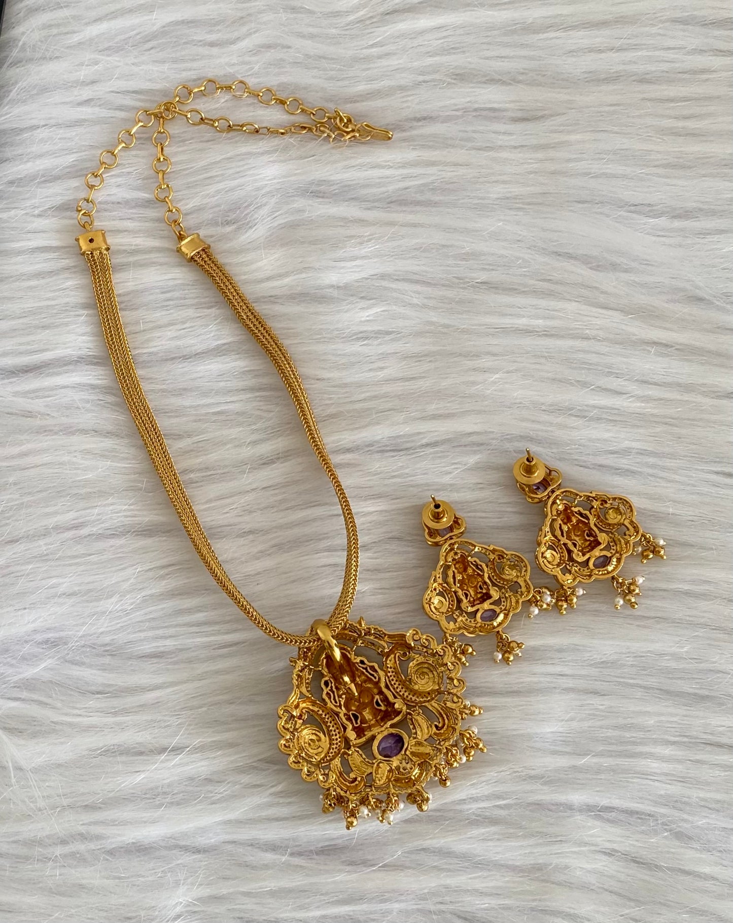 Antique gold tone purple-white stone lakshmi peacock necklace set dj-54266