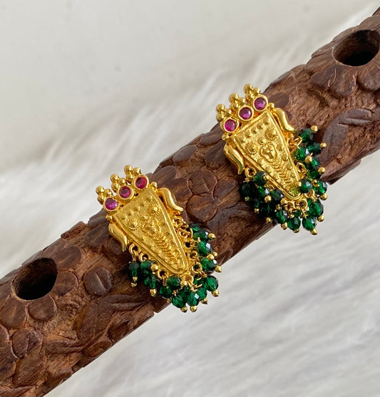 Gold tone pink stone green beaded nethipattam earrings dj-54205