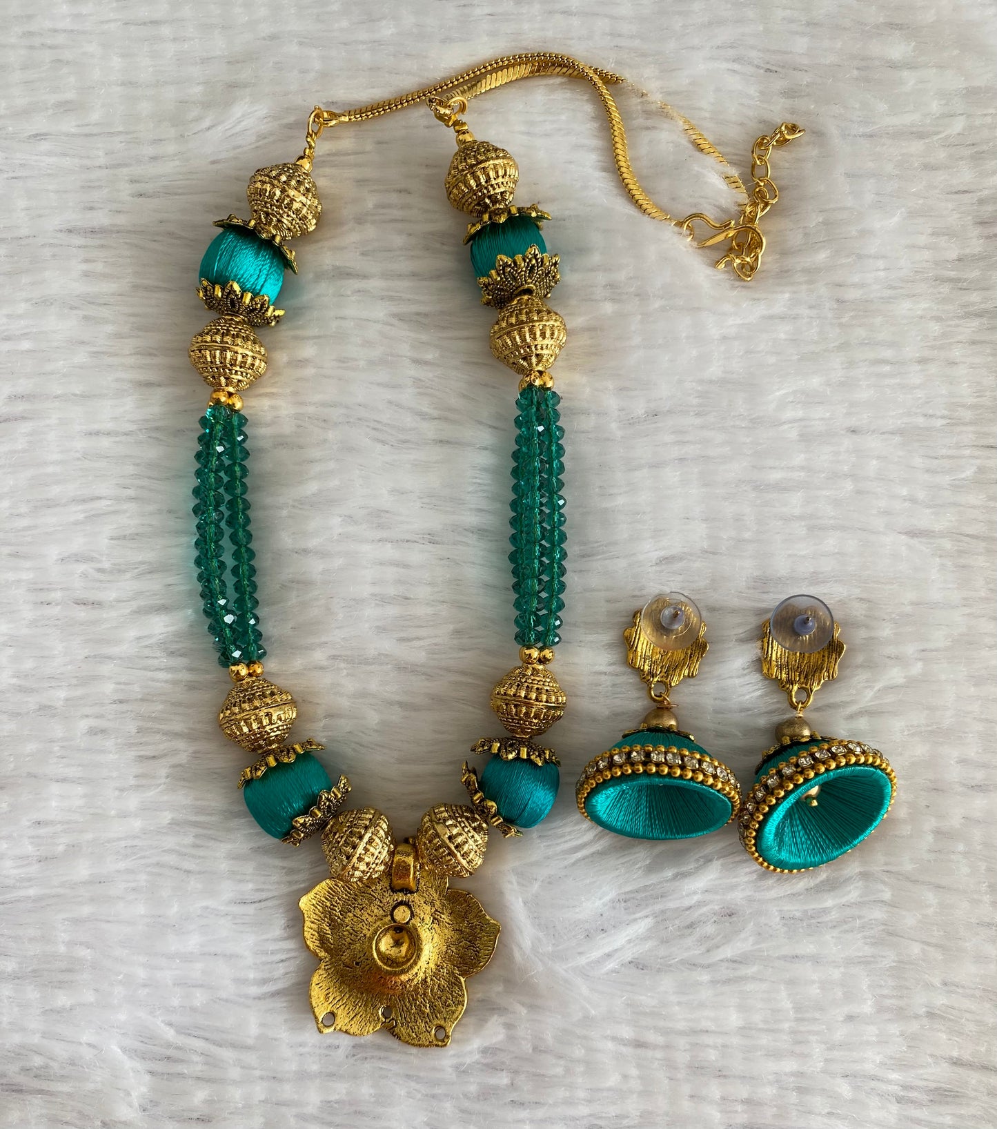 Antique gold green silk thread flower necklace set dj-52917