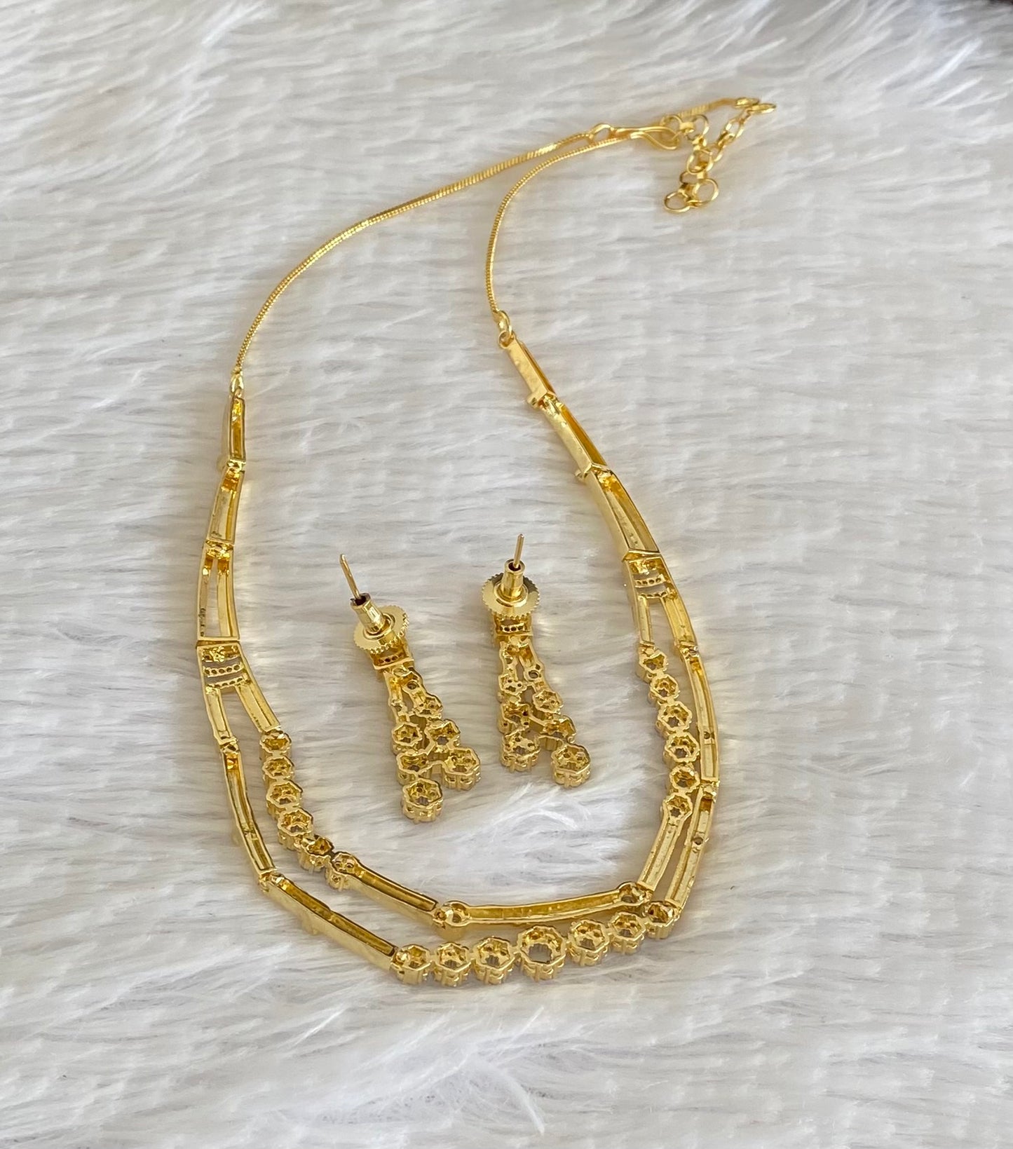 Two tone cz white stone double layer necklace set dj-54345
