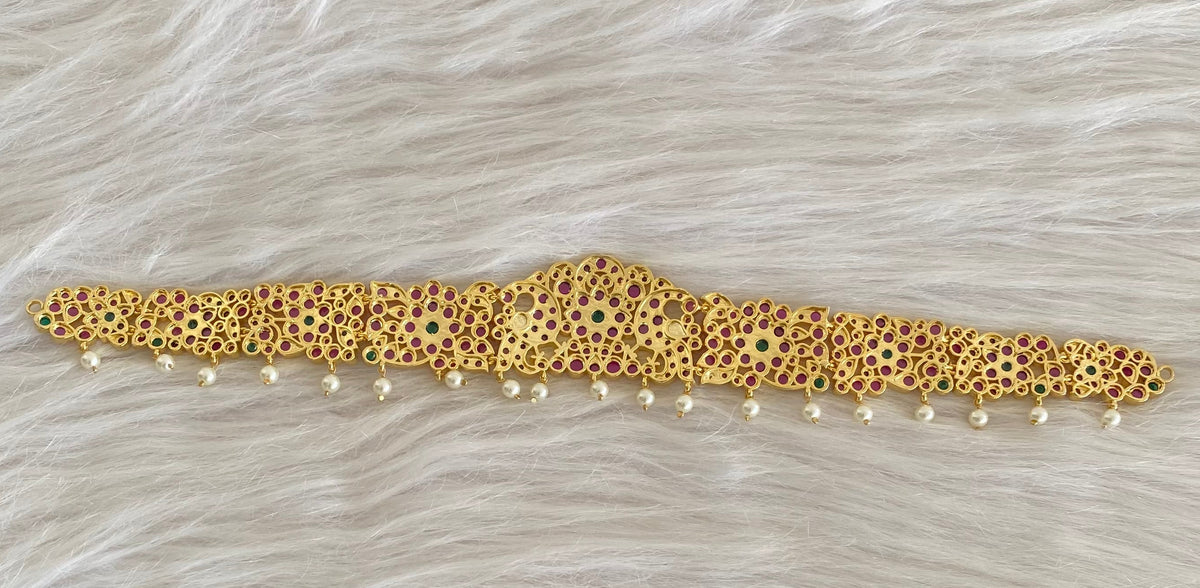 Gold tone precious kemp-green-white pearl peacock waist band dj-54737