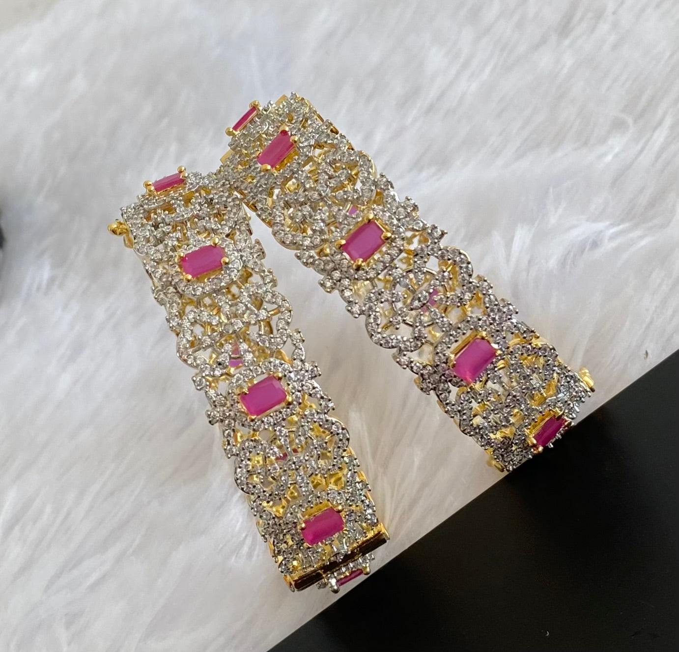 Two tone cz-ruby block stone openable bangles(2.4) dj-53478