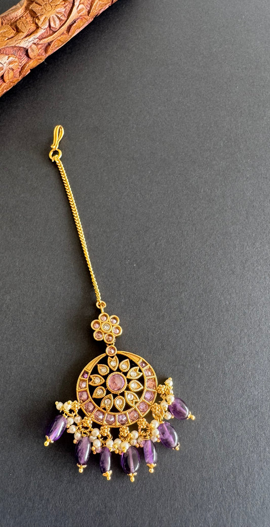 Antique gold tone purple flower tikka dj-51376