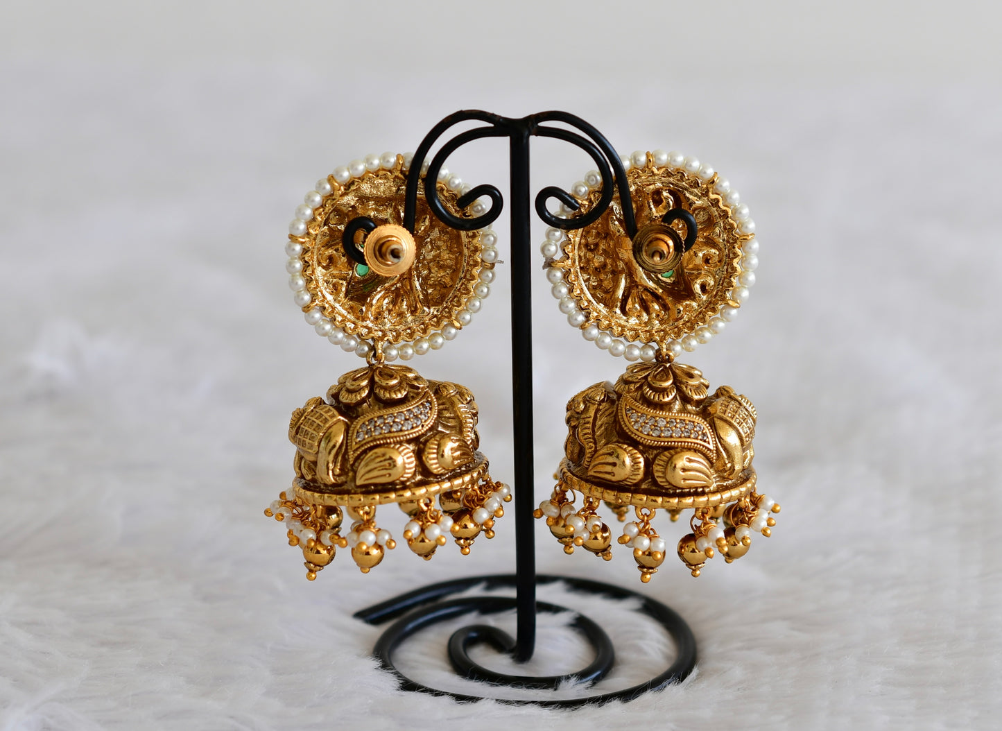 Antique gold tone cz green pearl round big nakshi jhumkka dj-52557