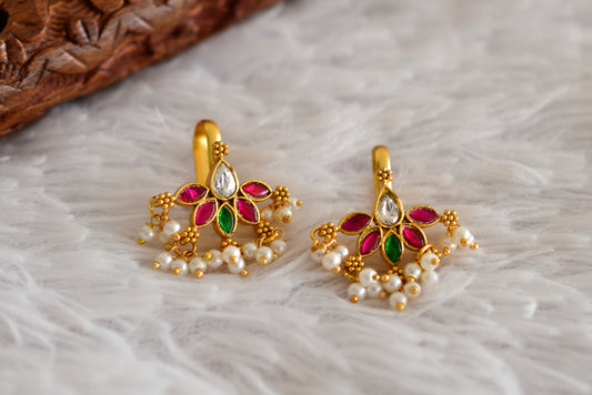 Gold tone pink-green-white kundan jadau bugadi earrings dj-52489