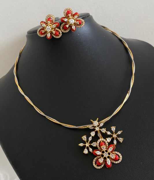 Two tone cz white stone coral pendant set with kanti necklace dj-54393