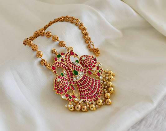 Gold tone pink-green kundan jadau Gandaberunda necklace dj-52595