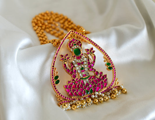 Gold tone pink-green kundan jadau Ma Lakshmi necklace dj-52578